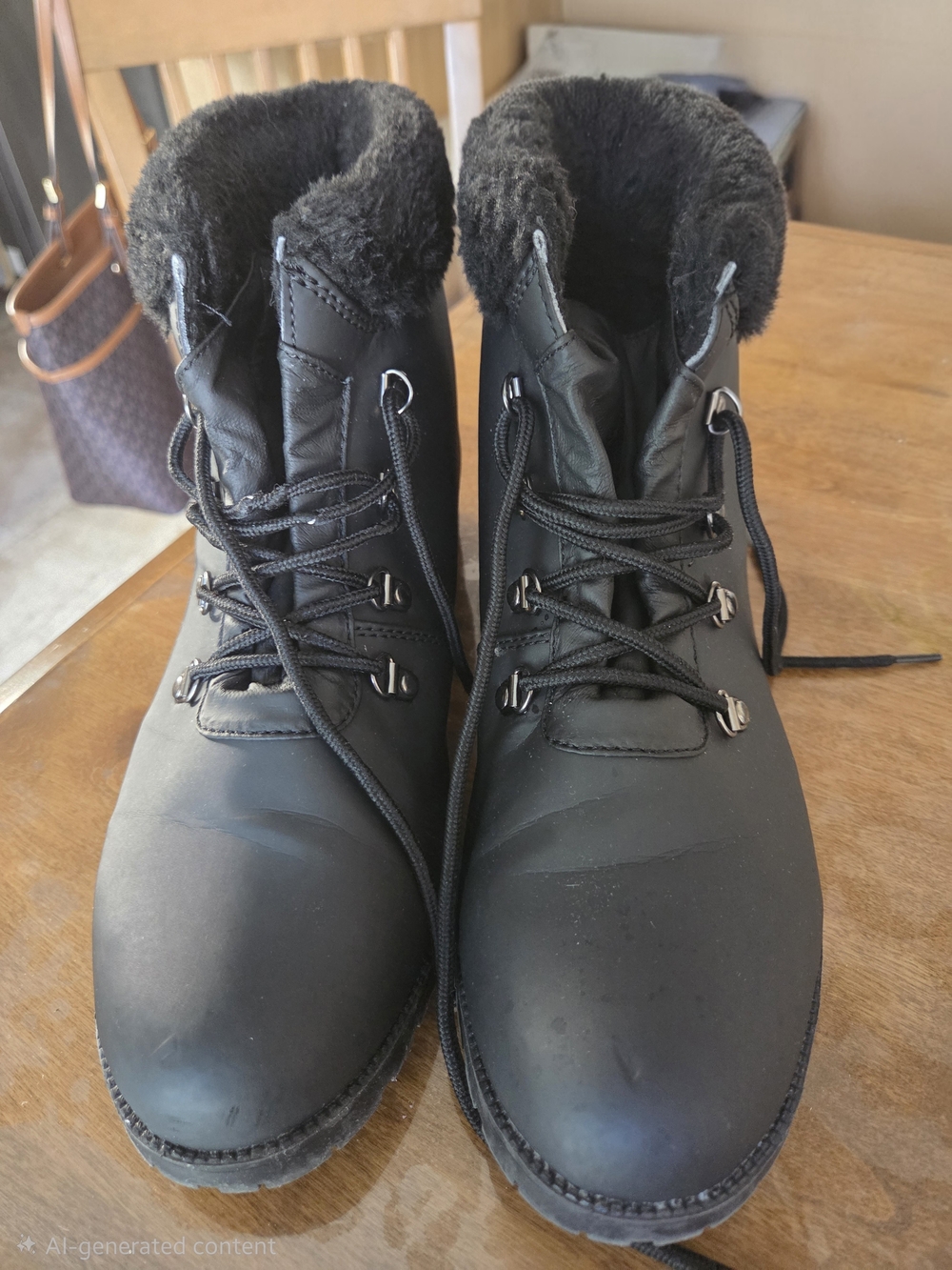 Black Women's Lace-Up Winter Boots with Faux Fur Collar